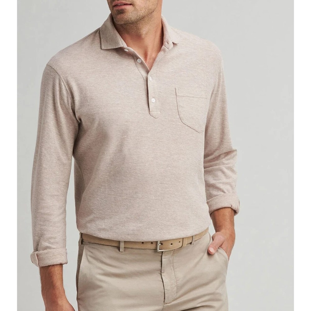 Peter Millar Mens Crown Crafted Long Sleeve Polo Shirt Beige Cotton Linen XL New